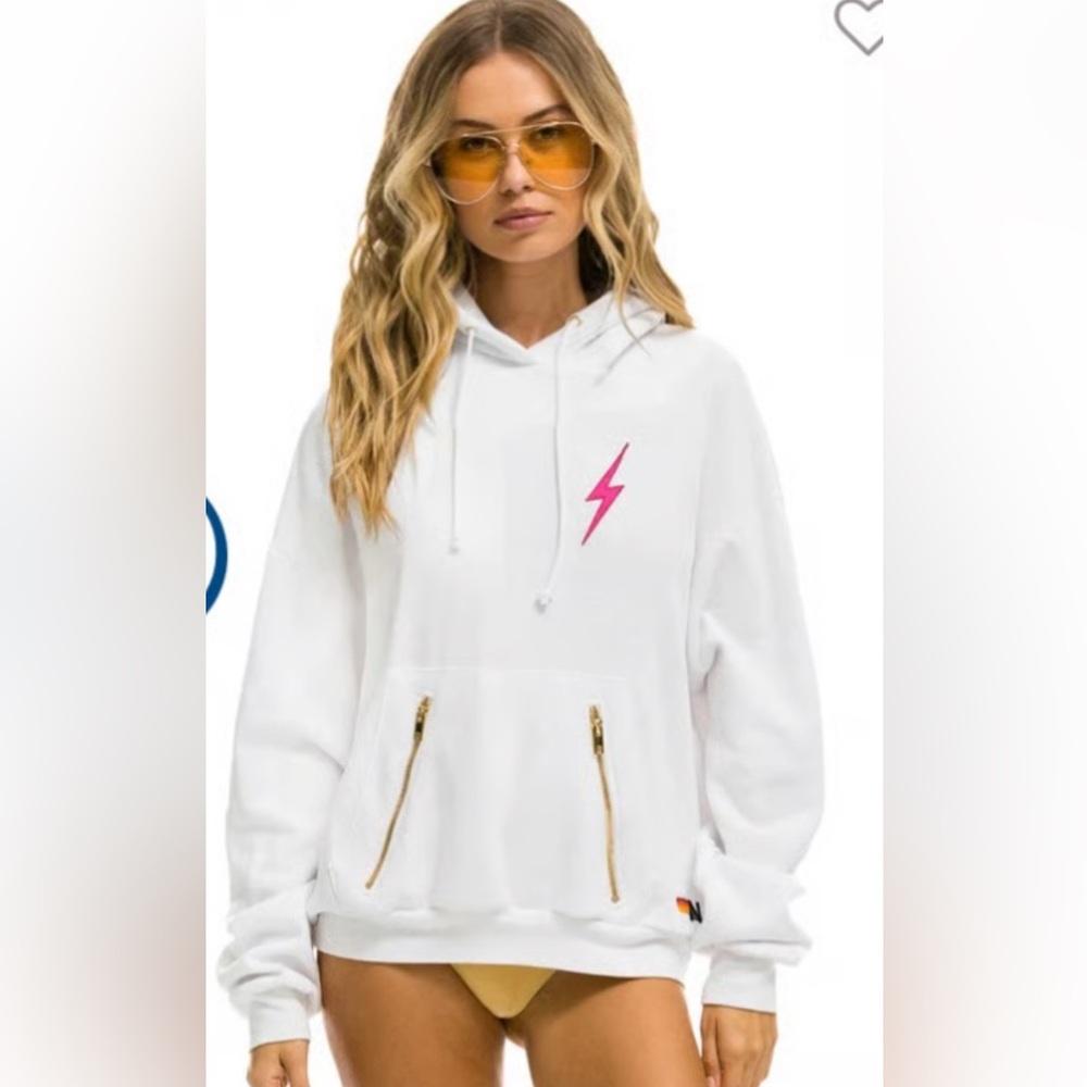 Aviator Nation Bolt Stitch White Hoodie with Gold Accents & Pink Lightening Bolt